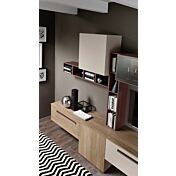 Parete attrezzata moderna Nyasa in finitura Cachemire, Noce naturale e Rosso siena 