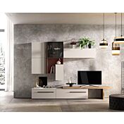 Parete attrezzata moderna Tekapo in finitura Cachemire, Noce naturale e Rosso siena