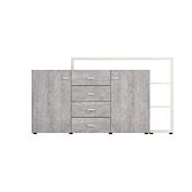 Credenza L.180 cm 2 ante e 4 cassetti, finitura bianco opaco e grigio cemento