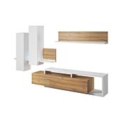 Zona giorno completa, finitura bianco opaco e rovere rustico