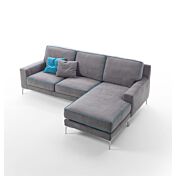 Divano Tor a 3 posti con penisola e presa USB integrata, tessuto Grigio con bordino Azzurro