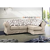 Divano moderno Nanga a 4 posti angolare,  color avorio e bordini castagno, made in Italy