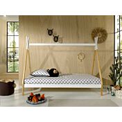 Letto singolo montessoriano per camerette, design tenda indiana, Pino naturale e Bianco laccato