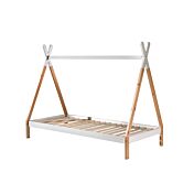 Letto singolo montessoriano per camerette, design tenda indiana, Pino naturale e Bianco laccato