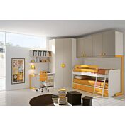 Cameretta con armadio ad angolo e letto a castello in finitura Larice, Tortora LACCATO e Zafferano LACCATO