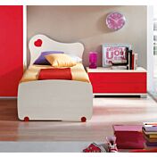 Letto singolo con testata e pediera con inserto a cuore in finitura Larice e Rosso LACCATO