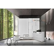 Set zona notte con Armadio scorrevole, Comò e Coppia Comodini, bianco opaco e beton