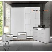 Set zona notte con Armadio scorrevole, Comò e Coppia Comodini, bianco opaco e beton