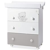 Culla Mr.Bear bianca e grigia con ruote, decori con orsetti