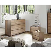 Set zona notte con Armadio scorrevole, Comò e Coppia Comodini, Noce Chiaro e Argilla