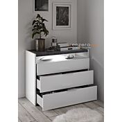 Comò moderno 3 cassetti, finitura Bianco opaco e Ossido. Guide ammortizzate