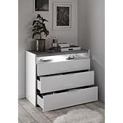 Set comò e comodini grigio beton e bianco con cassetti e vano a giorno