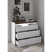Comò moderno 3 cassetti, finitura Bianco opaco e Noce Dark. Guide ammortizzate