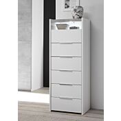 Camera matrimoniale con letto in tessuto grigio, comodini bianchi opachi e armadio con fascia beton H.248