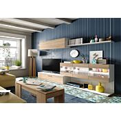 Parete attrezzata di design con 3 piccole vetrine, bianco lucido e rovere