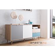 Offerta Madia Lavik con gambe in legno, 2 ante 2 cassetti, finitura Quercia, Bianca, Petrolio e Grigia