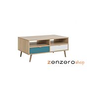 Tavolino Lavik con gambe in legno, 2 cassetti, finitura Quercia, Bianca, Petrolio e Grigia