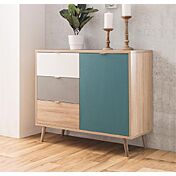 Credenza Madia di design con gambe in legno, 1 anta 3 cassetti, finitura Quercia, Bianca, Petrolio e Grigia