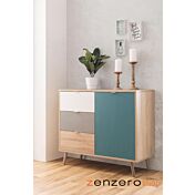 Credenza Madia di design con gambe in legno, 1 anta 3 cassetti, finitura Quercia, Bianca, Petrolio e Grigia
