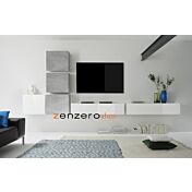 Parete attrezzata con 2 pensili vasistas e ribalte e 4 cubi, finitura Bianco Lucido e Gesso