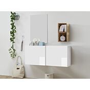 Mobile da ingresso con coppia di cubi, vani e specchio, finitura Bianco lucido e Miele
