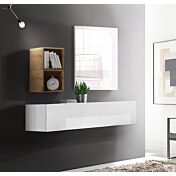 Mobile da ingresso con ribalta, vani e specchio, finitura Bianco lucido e Miele