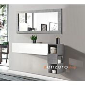 Mobile da ingresso con libreria sospesa, ribalta e specchio, finitura bianco lucido e beton