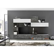 Parete attrezzata spaziosa, completa di libreria, Bianca Lucida, Ossido, Beton e Piombo