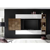 Parete attrezzata bianca lucida con pensile Miss e una libreria Noce Dark