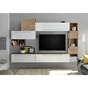 Parete attrezzata moderna, bianca lucida e top ed elementi noce stelvio 