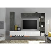 Parete attrezzata, con maniglie di design, finitura bianco lucido, beton e piombo