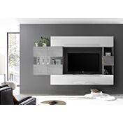 Parete attrezzata con vetrina 2 ante e libreria piccola, finitura Bianco Lucido e Beton