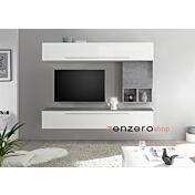 Parete attrezzata con apertura con pistone ammortizzato, Bianca Lucida e Beton