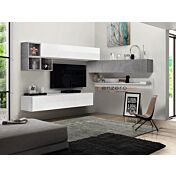 Mobili tv angolare, parete attrezzata ad angolo Kora tv, finitura Beton, Gesso e Bianco Lucido