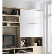 Parete attrezzata, moderna, di grandi dimensioni, finitura Olmo Perla e con frontali Bianco Lucido