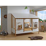 Letto montessoriano casetta con finestre, bianco laccato e rovere