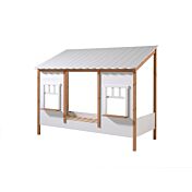 Letto montessoriano casetta con finestre, bianco laccato e rovere