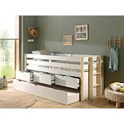 Divano letto in massello con secondo letto estraibile e cassetti, Bianco e Pino naturale