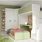 Letto con scrivania a castello, finitura Cemento artico, Oliva e Royal oak