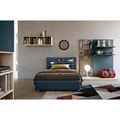 Cameretta con armadio scorrevole e letto imbottito, finitura Petrolio, Orzo e Olmo