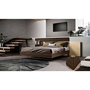 Moderno letto matrimoniale in finitura noce moro con inserto tessuto crema