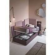 Letto contenitore singolo con testata a due lati, ecopelle e tessuto Lilla
