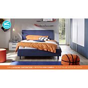 Letto matrimoniale Vertigo in tessuto blu imbottito, testiera a righe