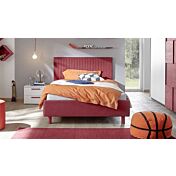 Cameretta completa per ragazzi, letto con testiera imbottita e armadio scorrevole, finitura rosso