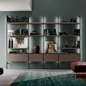Libreria a muro moderna 310x35x215 h cm, Rovere tabacco e Bronzo- Island Zenzero Shop