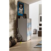 Comodone moderno con 5 cassetti, finitura Bianco altea, Carta da zucchero e Grigio seta