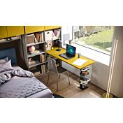 Cameretta a ponte con libreria, finitura Grigio seta, Giallo cedro e Bronzo