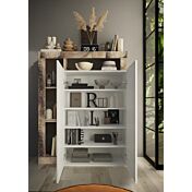 Conveniente composizione formata da guardaroba, panca, specchio, appendiabiti e madia 2 ante, Bianco lucido e Pero