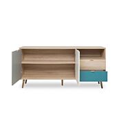 Offerta Madia Lavik con gambe in legno, 2 ante 2 cassetti, finitura Quercia, Bianca, Petrolio e Grigia