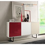 Madia moderna Orbitar con 3 ante in finitura Bianco calce, Vetro rosso, Terra opaco e Bianco opaco